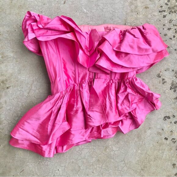 RozieCorsets Rozie Corsets Pink Ruffled Off-Shoulder Top Silk Strapless Bustier - Picture 4 of 7